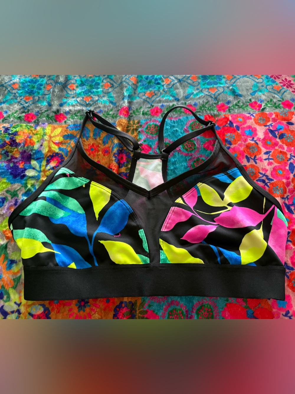PINK Victoria's Secret Neon Floral Sports Bra - Black, Pink, Blue, Green